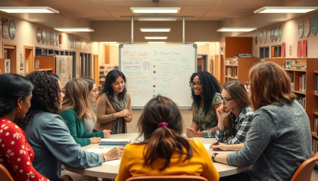 A bustling school campus, where educators gather around a central meeting table, engaged in lively discussions. The lighting is warm and inviting, casting a soft glow over the scene. In the foreground, teachers of diverse backgrounds lean in, exchanging ideas and strategies, their faces alight with enthusiasm. The middle ground showcases a whiteboard filled with colorful notes and diagrams, reflecting the collaborative nature of their professional learning community. In the background, the school's hallways and classrooms are visible, hinting at the broader context in which this PLC operates. The overall atmosphere conveys a sense of camaraderie, intellectual stimulation, and a shared commitment to professional growth and student success.
