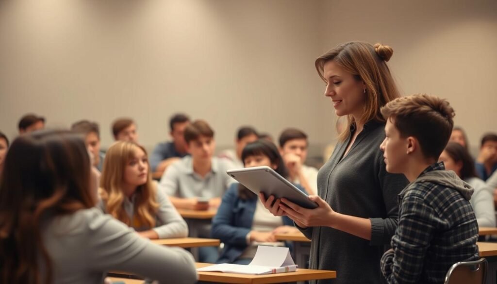A classroom setting with students seated at desks, engaged in thoughtful discussion. Soft, warm lighting casts a contemplative atmosphere. In the foreground, a teacher stands among the students, listening intently, capturing their feedback and insights on a tablet. The students' expressions convey a mix of focus, curiosity, and a willingness to participate. The background is blurred, drawing the viewer's attention to the central interaction between the teacher and students. The overall scene reflects a collaborative, reflective environment where the teacher values the students' input to enhance their educational experience.