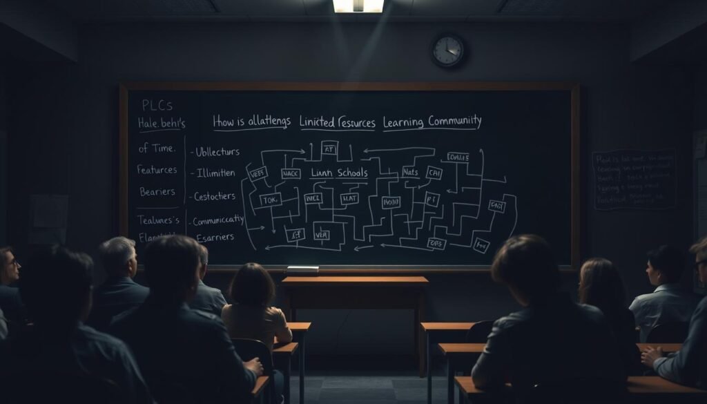 A dimly lit classroom with a chalkboard at the center, representing the challenges facing professional learning communities (PLCs). In the foreground, figures of teachers engaged in discussion, their faces etched with concern. The middle ground depicts a maze of obstacles, such as lack of time, limited resources, and communication barriers, all casting shadows across the scene. The background is shrouded in a hazy uncertainty, suggesting the complexities and uncertainties that PLCs must navigate. The lighting is somber, creating a pensive and contemplative atmosphere, inviting the viewer to empathize with the struggles of these educational communities as they strive to overcome their challenges.