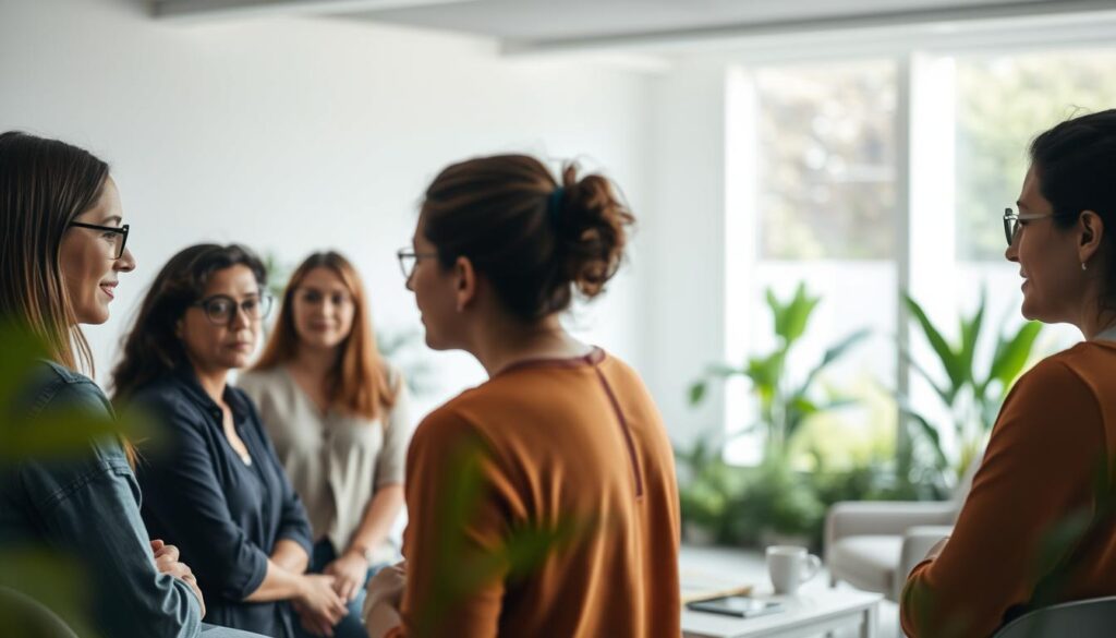 A professional learning community of teachers, surrounded by a serene, minimalist landscape. In the foreground, a group of educators engaged in a thoughtful discussion, their expressions focused and collaborative. The middle ground features an open, airy workspace with sleek, modern furniture and ample natural light. In the background, a blurred view of a lush, verdant garden, hinting at the connection between the professional and the natural worlds. The overall mood is one of intellectual stimulation, creativity, and a sense of belonging to a supportive network of peers. Soft, diffused lighting casts a warm, inviting glow over the scene.