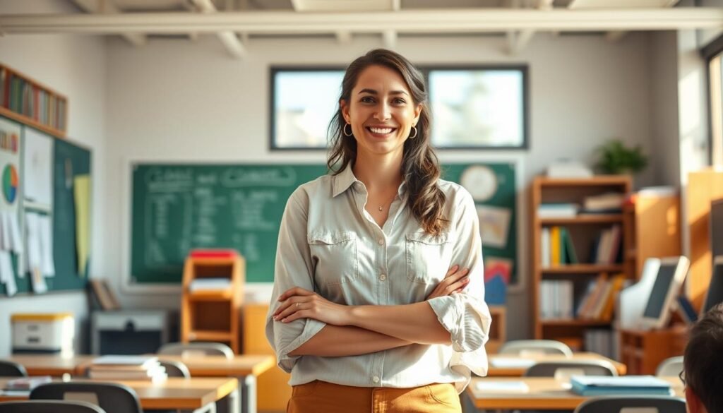 A professional teacher standing confidently in a modern, well-lit classroom, surrounded by educational resources and technology. The teacher's expression radiates passion and dedication, guiding students with a progressive, hands-on approach to learning. The scene captures the essence of a teacher's commitment to continuous self-improvement, leveraging free online courses to enhance their pedagogical skills and deliver an enriching educational experience. Warm, natural lighting illuminates the scene, creating a sense of inspiration and growth. The overall composition conveys the transformative power of professional development for teachers.