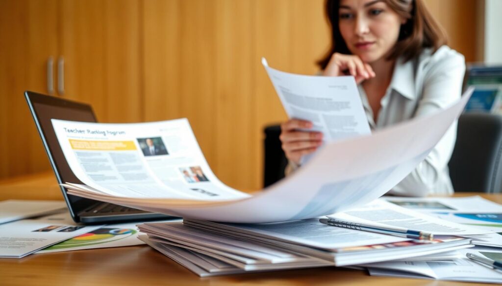 A professional, well-lit, and carefully composed image of a person, likely a teacher, thoughtfully considering various documents, brochures, and educational materials spread out on a desk. The foreground should feature the teacher's hands and the documents, with a focused, contemplative expression on their face. The middle ground could include an open laptop or tablet, suggesting research and evaluation of different teacher development programs. The background should have a warm, neutral tone, perhaps an office or classroom setting, to create a sense of professionalism and academic environment. The overall mood should convey a careful, analytical process of selecting the most suitable teacher development program.