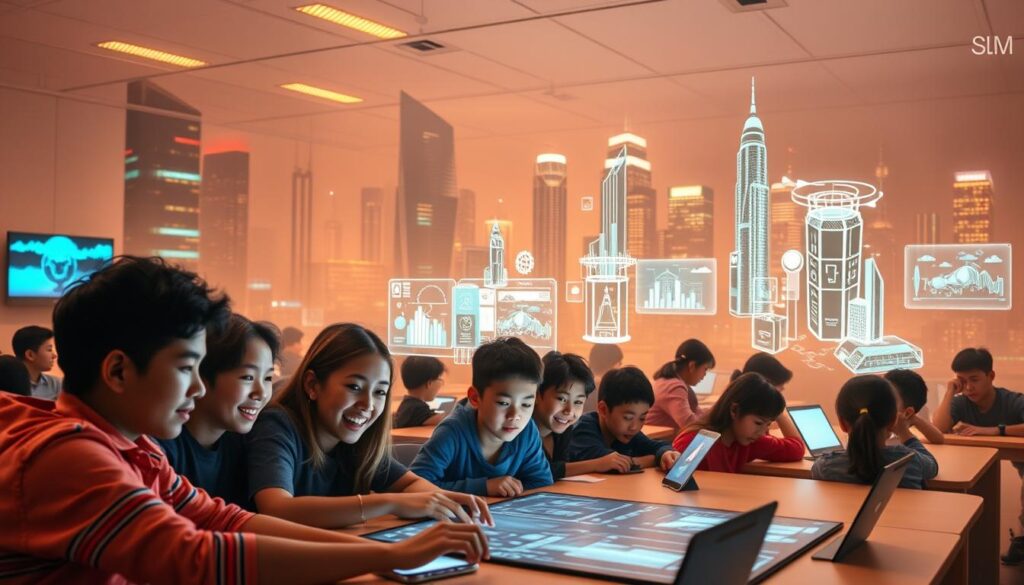 A vibrant digital classroom with students engaged in interactive learning on various devices. The foreground features a group of diverse students collaborating on a shared digital canvas, their faces alight with curiosity and concentration. The middle ground showcases an array of holographic educational interfaces, projecting interactive lessons and virtual simulations. In the background, a futuristic skyline with towering tech-infused buildings sets the scene for this cutting-edge digital learning environment. Warm, diffused lighting creates a sense of warmth and productivity, while a subtle haze suggests the seamless integration of technology and pedagogy. The overall atmosphere conveys the challenges and solutions of digital education, inspiring a vision of the future of learning.