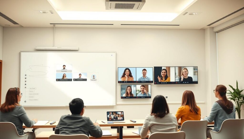 A virtual classroom with an interactive whiteboard, video conferencing windows, and collaborative tools. Bright, airy lighting with warm tones. Smooth, minimalist UI design with intuitive icons and controls. Students' avatars and video feeds populate the screen, engaged in discussion. A sense of connection and productivity pervades the scene. High-resolution, detailed rendering with a clean, professional aesthetic. The image conveys the versatility and utility of remote learning platforms, supporting effective communication and collaboration.