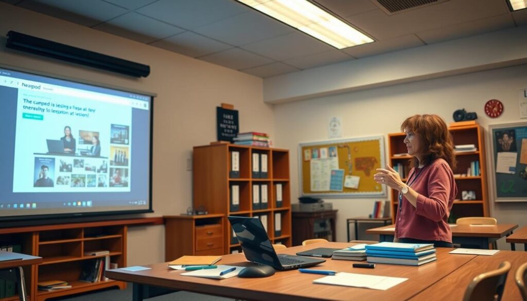 A classroom setting with a large projection screen displaying the Nearpod interface. In the foreground, a teacher's desk with a laptop, stylus, and various teaching materials. The teacher stands beside the desk, gesturing towards the screen, engaged in an interactive lesson. Soft, warm lighting illuminates the scene, creating a welcoming and productive atmosphere. The background features bookcases, educational posters, and other classroom decor, suggesting a well-equipped learning environment. The overall composition conveys the thoughtful and interactive nature of designing a lesson using the Nearpod platform.