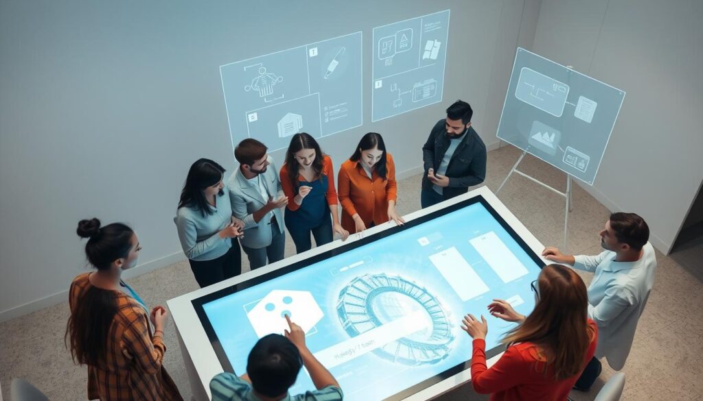 A collaborative workspace with smart digital technologies. The foreground features a team of diverse individuals gathered around a sleek touchscreen display, gesturing and exchanging ideas. The middle ground showcases holographic projections and virtual whiteboards enabling seamless remote participation. The background has a minimalist, yet modern aesthetic with clean lines and muted tones, emphasizing the advanced, technology-driven nature of the collaborative environment. Soft, diffused lighting creates a calm, focused atmosphere, while the camera angle captures the scene from an elevated, bird's-eye perspective to convey a sense of organization and interconnectedness.