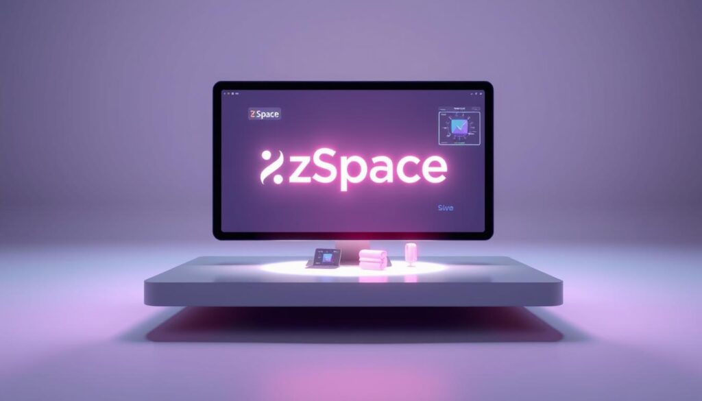 A sleek, modern platform levitating in a minimalist, well-lit setting. The zSpace logo prominently displayed, glowing with a soft, holographic shimmer. Virtual 3D models and holographic interfaces emerge from the platform, casting vibrant, translucent hues across the scene. The background is a serene, gradient-filled void, allowing the zSpace platform to take center stage. Crisp, high-resolution textures and carefully balanced lighting create a sense of depth and realism, showcasing the device's advanced augmented reality capabilities in an elegant, immersive manner.
