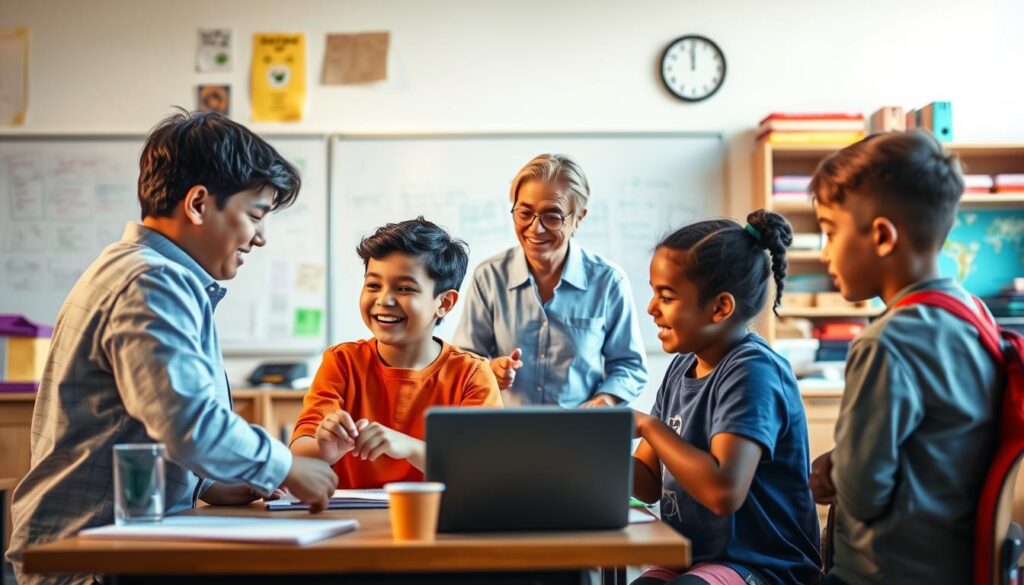 A vibrant and engaging scene depicting the various stages of implementing educational projects within the classroom. The foreground showcases a group of students actively engaged in collaborative tasks, their faces alight with enthusiasm. In the middle ground, a teacher guides the students, offering support and direction. The background features a well-equipped classroom with whiteboards, learning materials, and other educational resources. The lighting is warm and natural, creating a welcoming and productive atmosphere. The composition is carefully balanced, with a clear focus on the central activities and a sense of movement and progress throughout the stages of the project.