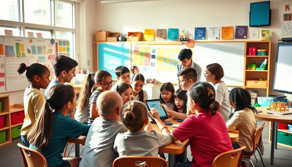 A vibrant classroom scene, filled with engaged students collaborating on active learning techniques. A central group works together on a shared digital tablet, while others gather around interactive whiteboards and discuss innovative teaching methods. The room is bathed in warm, natural lighting, creating a welcoming and productive atmosphere. Colorful educational materials and manipulatives adorn the walls, reflecting the modern, supportive environment for cooperative learning. The scene conveys a sense of energy, creativity, and a deep commitment to fostering student-centered, collaborative approaches to education.