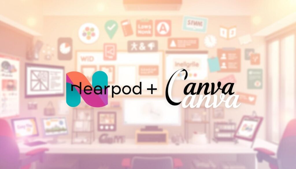 A visually striking digital illustration showcasing the seamless integration of Nearpod and Canva. In the foreground, a vibrant, stylized representation of the Nearpod and Canva logos, interlocking and forming a cohesive, dynamic composition. The middle ground features a captivating array of interactive educational elements, such as virtual whiteboards, multimedia presentations, and collaborative tools, all set against a softly blurred, pastel-hued background. Warm, diffused lighting casts a gentle glow, enhancing the sense of harmony and synergy between the two platforms. The overall atmosphere conveys a sense of creativity, engagement, and the seamless facilitation of interactive learning experiences.