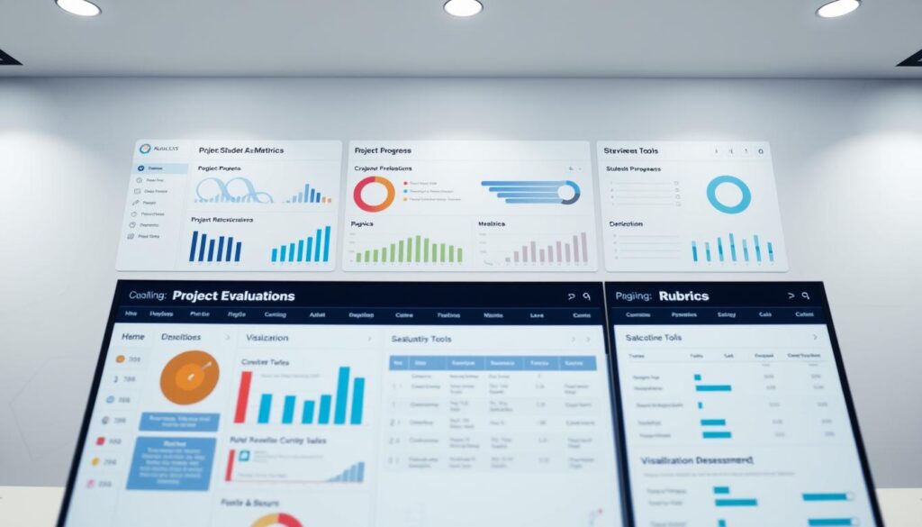 A well-designed student project evaluation dashboard with clear metrics and assessment tools. The foreground showcases a digital interface with customizable widgets to track project progress, milestones, and student performance data. The middle ground features visualization charts, rubrics, and feedback mechanisms. The background has a clean, minimalist aesthetic with subtle patterns and geometric shapes that convey a sense of structure and organization. Lighting is soft and diffused, creating a professional, analytical atmosphere. The camera angle is slightly elevated to provide an overview of the comprehensive assessment system.