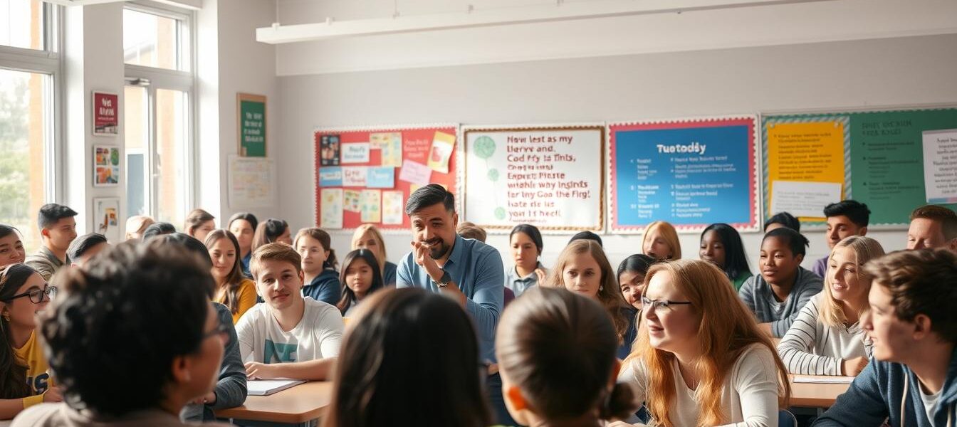 A bustling classroom filled with engaged students, their faces alight with enthusiasm. In the foreground, a teacher gestures animatedly, guiding the discussion with a warm, inclusive demeanor. Soft, natural lighting filters through the windows, casting a gentle glow over the scene. The middle ground is alive with collaborative group work, students leaning in, sharing ideas. In the background, vibrant displays of student work and inspirational quotes adorn the walls, creating an environment that nurtures creativity and intellectual curiosity. An atmosphere of mutual respect and genuine interest permeates the space, fostering an optimal learning experience.