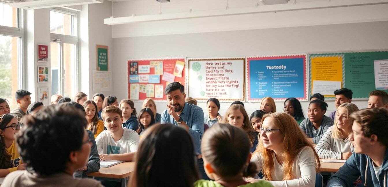 A bustling classroom filled with engaged students, their faces alight with enthusiasm. In the foreground, a teacher gestures animatedly, guiding the discussion with a warm, inclusive demeanor. Soft, natural lighting filters through the windows, casting a gentle glow over the scene. The middle ground is alive with collaborative group work, students leaning in, sharing ideas. In the background, vibrant displays of student work and inspirational quotes adorn the walls, creating an environment that nurtures creativity and intellectual curiosity. An atmosphere of mutual respect and genuine interest permeates the space, fostering an optimal learning experience.