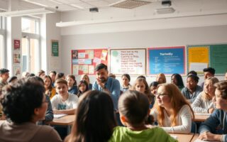 A bustling classroom filled with engaged students, their faces alight with enthusiasm. In the foreground, a teacher gestures animatedly, guiding the discussion with a warm, inclusive demeanor. Soft, natural lighting filters through the windows, casting a gentle glow over the scene. The middle ground is alive with collaborative group work, students leaning in, sharing ideas. In the background, vibrant displays of student work and inspirational quotes adorn the walls, creating an environment that nurtures creativity and intellectual curiosity. An atmosphere of mutual respect and genuine interest permeates the space, fostering an optimal learning experience.
