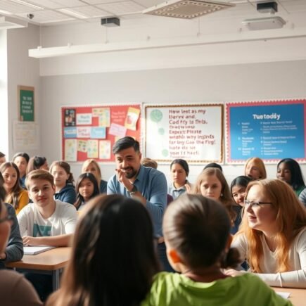 A bustling classroom filled with engaged students, their faces alight with enthusiasm. In the foreground, a teacher gestures animatedly, guiding the discussion with a warm, inclusive demeanor. Soft, natural lighting filters through the windows, casting a gentle glow over the scene. The middle ground is alive with collaborative group work, students leaning in, sharing ideas. In the background, vibrant displays of student work and inspirational quotes adorn the walls, creating an environment that nurtures creativity and intellectual curiosity. An atmosphere of mutual respect and genuine interest permeates the space, fostering an optimal learning experience.