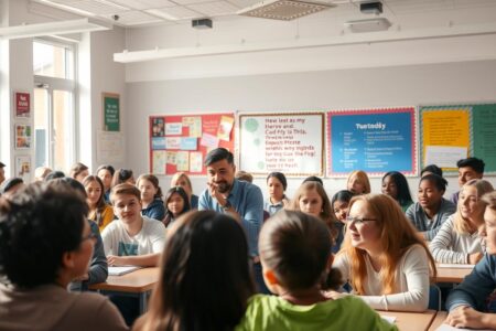 A bustling classroom filled with engaged students, their faces alight with enthusiasm. In the foreground, a teacher gestures animatedly, guiding the discussion with a warm, inclusive demeanor. Soft, natural lighting filters through the windows, casting a gentle glow over the scene. The middle ground is alive with collaborative group work, students leaning in, sharing ideas. In the background, vibrant displays of student work and inspirational quotes adorn the walls, creating an environment that nurtures creativity and intellectual curiosity. An atmosphere of mutual respect and genuine interest permeates the space, fostering an optimal learning experience.
