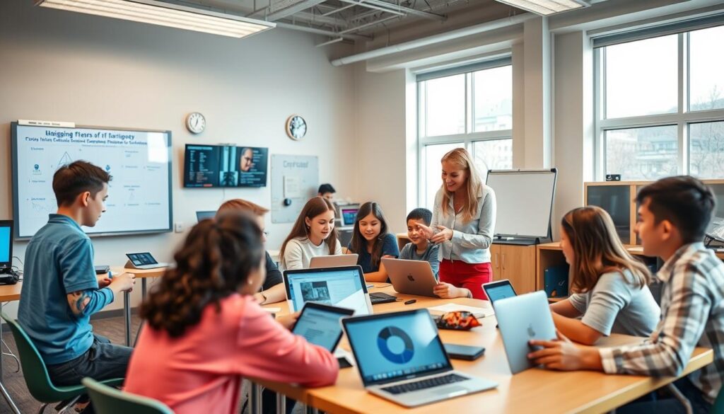 A modern classroom filled with various educational technology devices, including interactive whiteboards, tablets, and laptops. Students and a teacher collaborating on a group project, engaged in hands-on learning. The room is well-lit, with natural light streaming through large windows, creating a warm and inviting atmosphere. The layout is designed to encourage collaboration and discussion, with flexible seating arrangements and ample space for movement. The overall scene conveys a sense of dynamic, technology-enhanced learning, where the teacher effectively utilizes digital tools to enhance classroom management and student engagement.