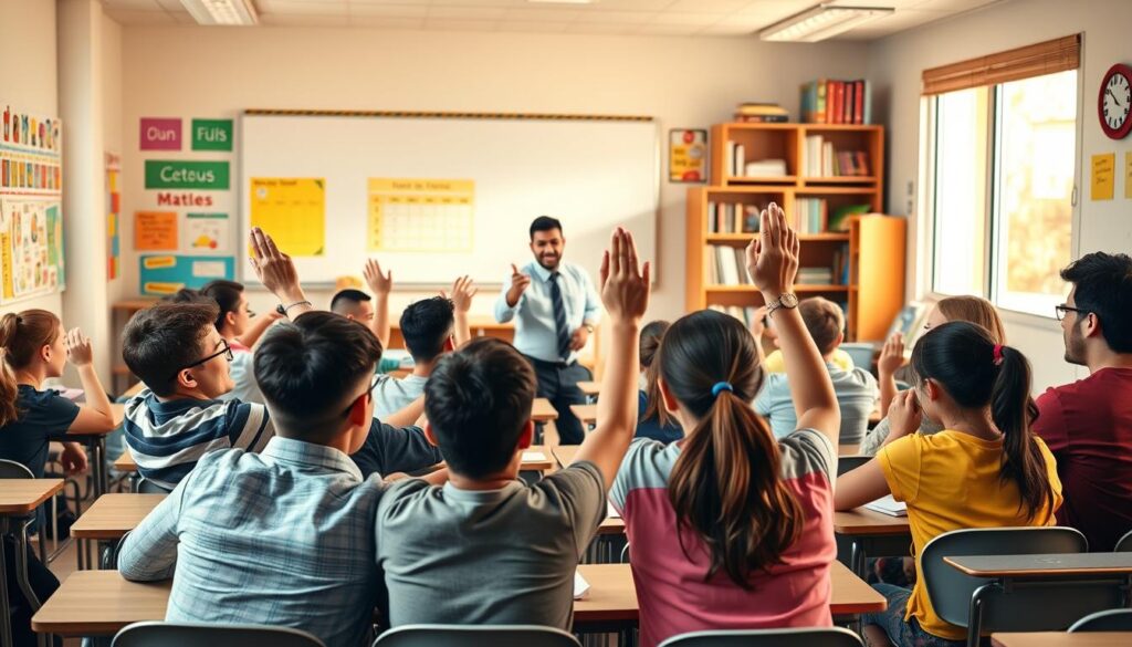 A vibrant classroom scene with engaged students actively participating in a lively discussion. In the foreground, a group of students sitting at desks, their faces animated as they raise their hands and lean forward, eager to contribute their ideas. The middle ground showcases a teacher standing at the front of the class, gesturing dynamically and making eye contact with the students, creating an atmosphere of collaboration and intellectual curiosity. The background features colorful educational posters, bookshelves, and a large window that floods the room with warm, natural light, reflecting the positive energy and sense of learning. The overall composition conveys a spirit of motivation, participation, and a collaborative educational environment.