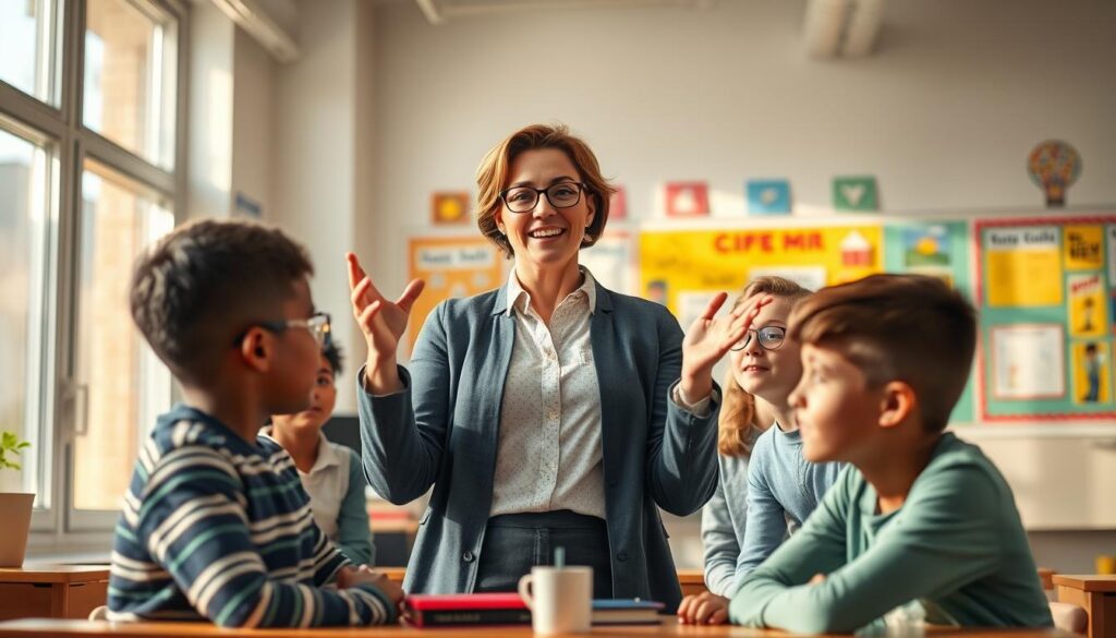 An inspiring classroom scene with an empowered teacher leading a group of engaged students. The teacher stands confidently at the front, using expressive gestures and a warm demeanor to command attention. Surrounding them, students lean in, their faces alight with curiosity and focus. Soft, natural lighting filters through large windows, casting a serene glow. The classroom's walls are adorned with vibrant educational displays, hinting at the dynamic, enriching environment. An air of collaborative learning and leadership permeates the space, reflecting the teacher's masterful command of classroom management and pedagogical expertise.